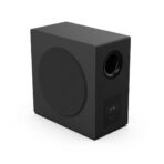 Black cube shaped subwoofer with a large circular woofer on the front face and a rear connection panel with inputs and ports visible on the back