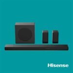Home theater speaker system a long soundbar with a subwoofer and two satellite speakers on a teal background Hisense logo in the corner