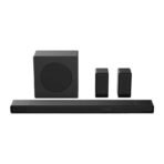 Black home theater speaker system with a long soundbar a square subwoofer and two small satellite speakers behind it