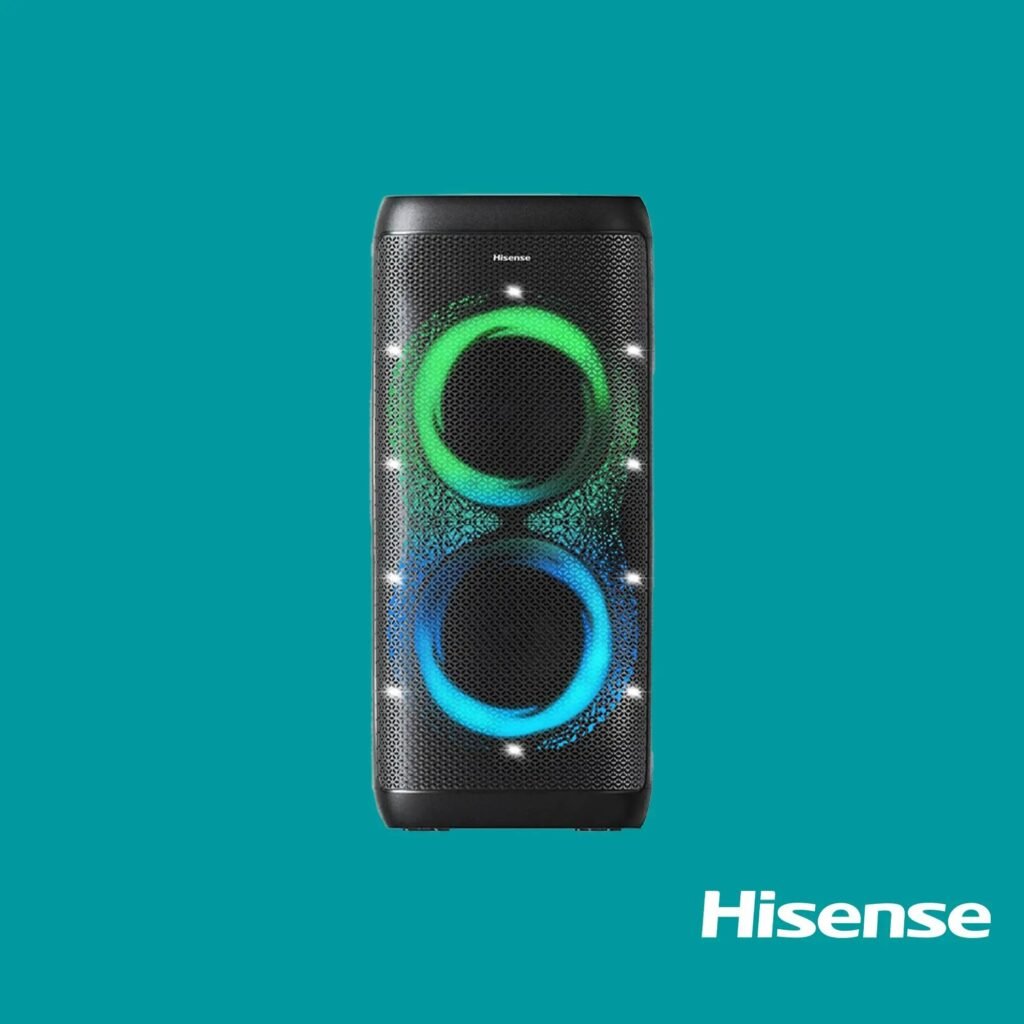 Tall black portable speaker with perforated grille and bright green blue LED ring on teal background Hisense branding visible at top
