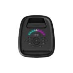 Close up of a black Hisense speakers top area featuring a multicolored LED arc and control panel