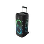 Portable black Bluetooth speaker with a retractable handle and glowing green and blue LED rings on the front display area of the device