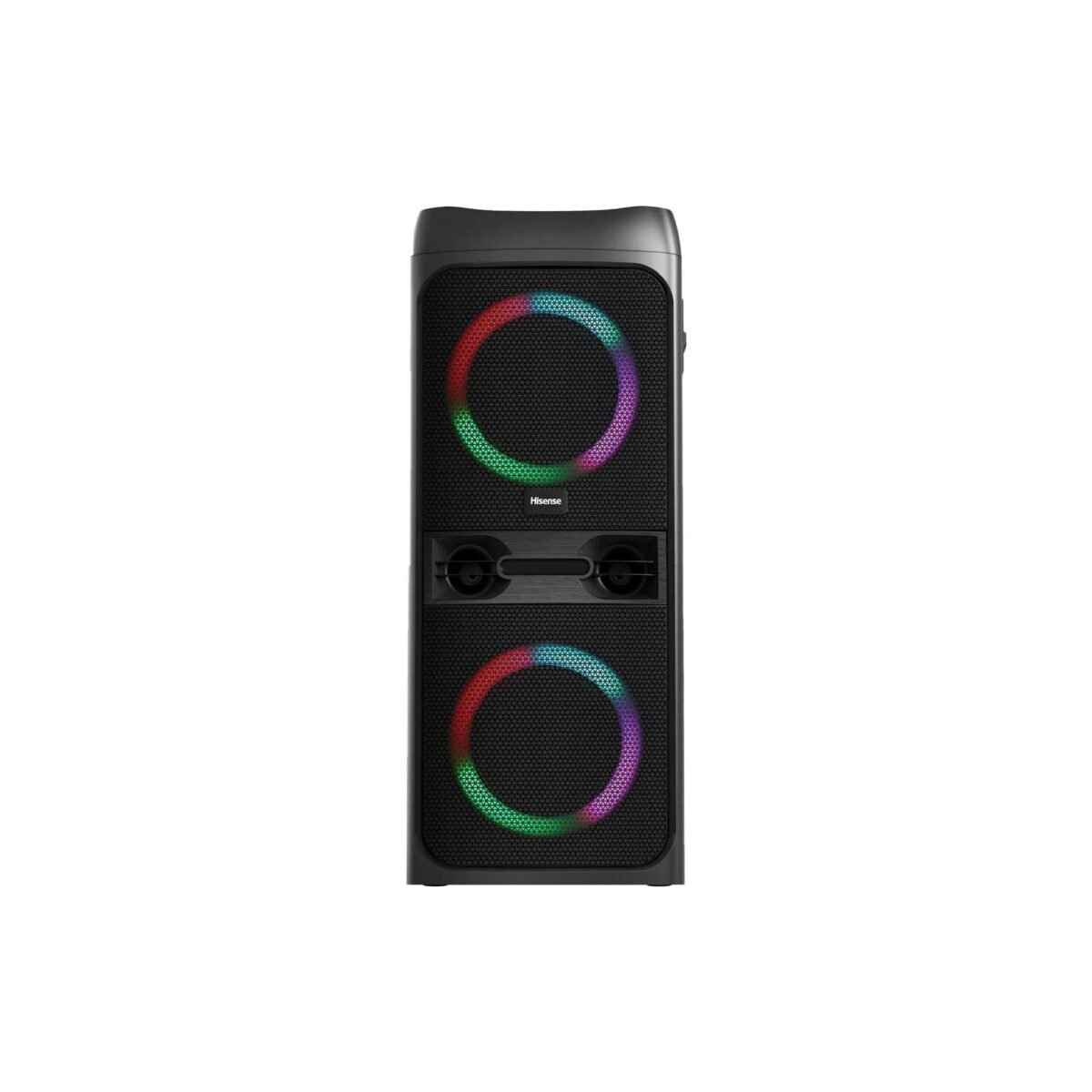 Portable speaker with a black mesh grille and colorful RGB ring lighting in the center