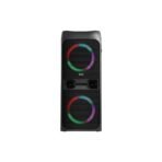 Portable speaker with a black mesh grille and colorful RGB ring lighting in the center