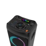 DJ speaker with a colorful LED light strip on the front grille and a detailed control panel of knobs and buttons visible on top