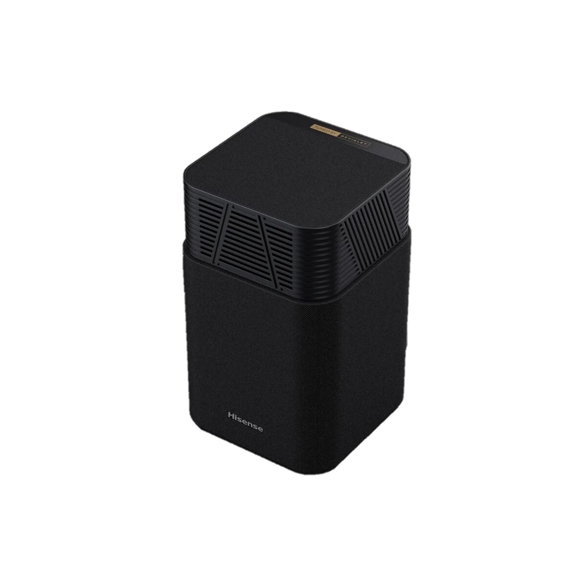 Black rectangular speaker with a textured top and Hisense logo at the bottom front corner