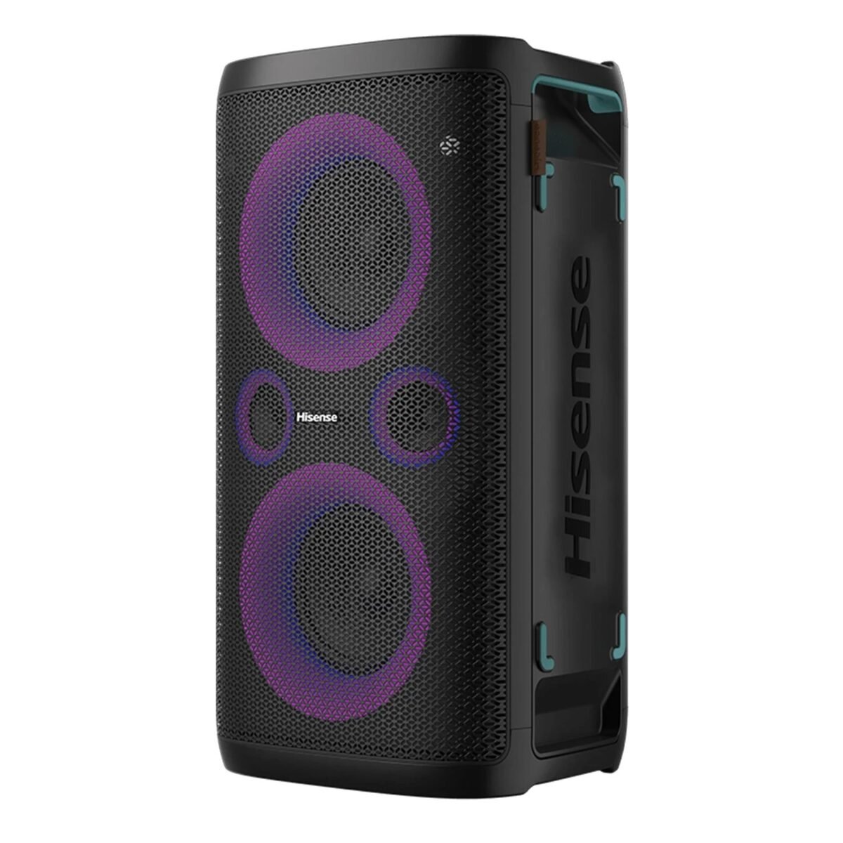 Tall black portable speaker with purple LED rings on the metal grille and the Hisense logo visible on the front