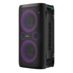 Tall black portable speaker with purple LED rings on the metal grille and the Hisense logo visible on the front
