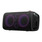 Portable black Bluetooth speaker with large purple LED rings on the front grille and control panel on the right side