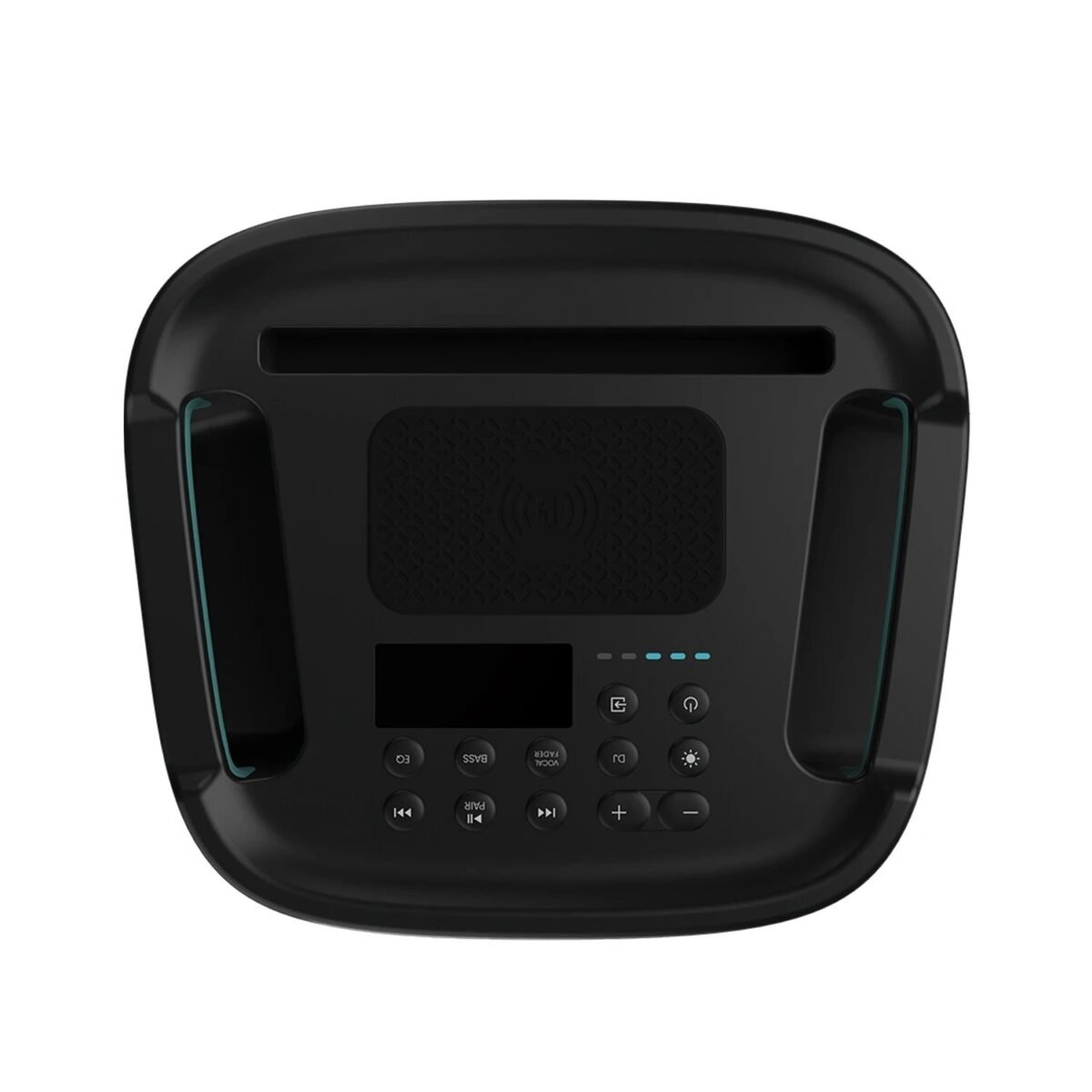 Top down view of a black conference speakerphone with a keypad small display and blue accented side grips