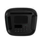 Top down view of a black conference speakerphone with a keypad small display and blue accented side grips