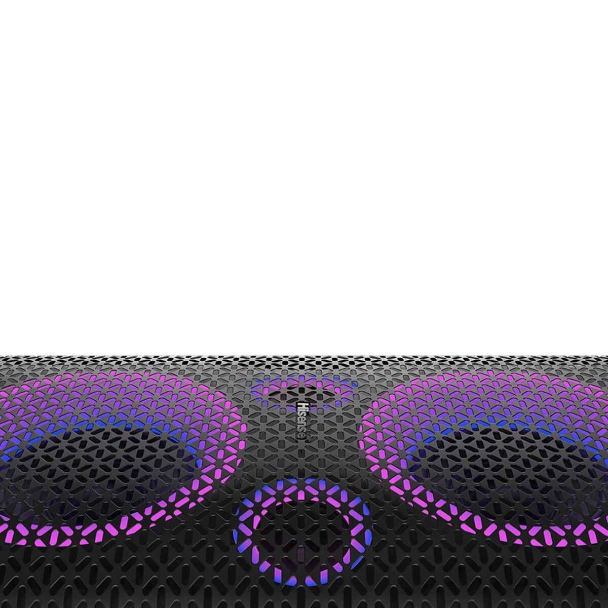Close up of a perforated black metal surface with a pinkpurple gradient light at the bottom of the frame