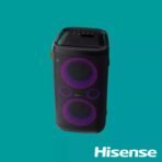 Portable black Bluetooth speaker with three purple ringed drivers on teal backdrop Hisense logo visible at bottom right
