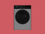 Front loading washing machine with a large circular door on a gray body against a red background