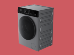 Front loading washing machine with a large circular door and a black control panel on top