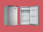 Stainless steel single door refrigerator with its door open showing shelves and a freezer at the top interior