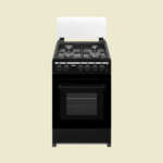 Black gas range with four burners and front knobs plus a glass oven door shown against a light beige background