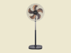 Pedestal electric fan with a circular metal grill and four brown blades standing on a black base against a pale background