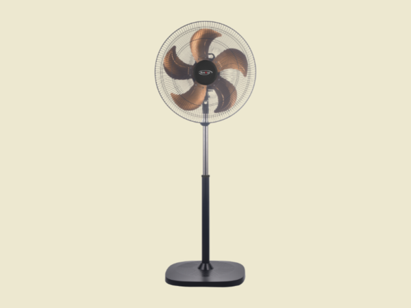Pedestal electric fan with a circular metal grill and four brown blades standing on a black base against a pale background.