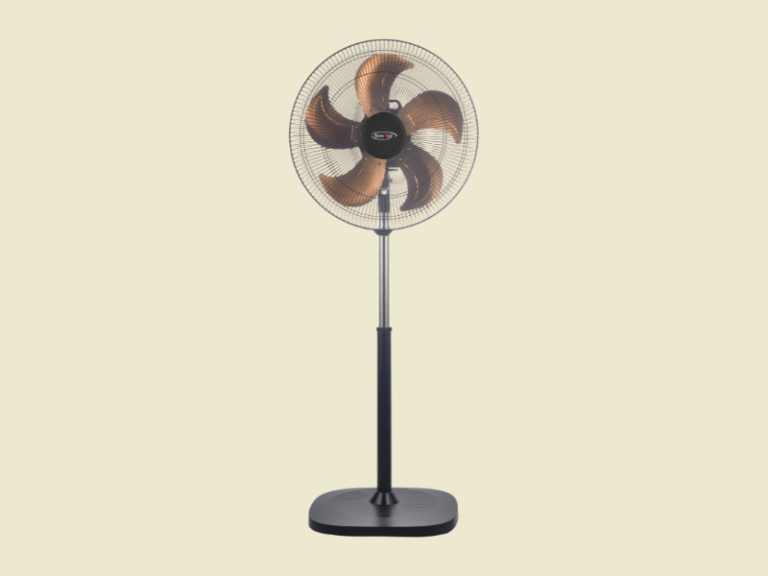 Pedestal electric fan with a circular metal grill and four brown blades standing on a black base against a pale background