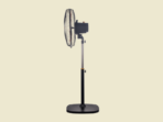Pedestal fan on an adjustable stand with a protective grille and a round base