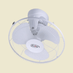 White Kenstar ceiling fan with three blades mounted to a ceiling fixture viewed from below