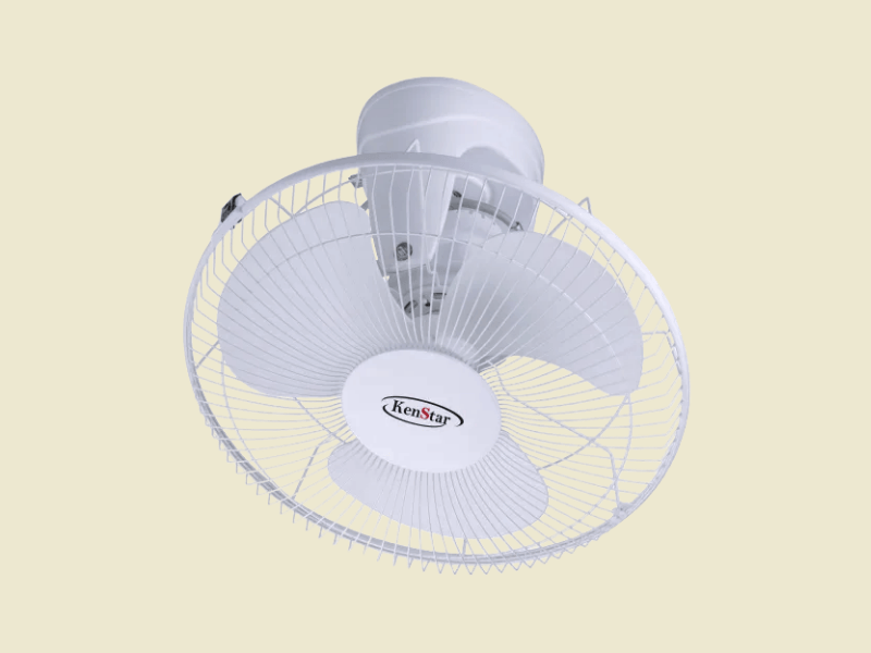 White Kenstar ceiling fan with three blades mounted to a ceiling fixture viewed from below