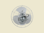 Ceiling fan with blades and motor housing exposed viewed from the front through a circular guard