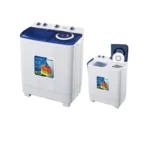 Pair of white top load washing machines with blue lids and control dials viewed from the side