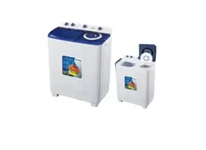 Pair of white top load washing machines with blue lids and control dials viewed from the side