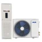 Split system air conditioner outdoor condenser unit left and indoor air handler right with fan grille and AUX branding