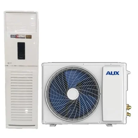 Split-system air conditioner: outdoor condenser unit (left) and indoor air handler (right) with fan grille and AUX branding.