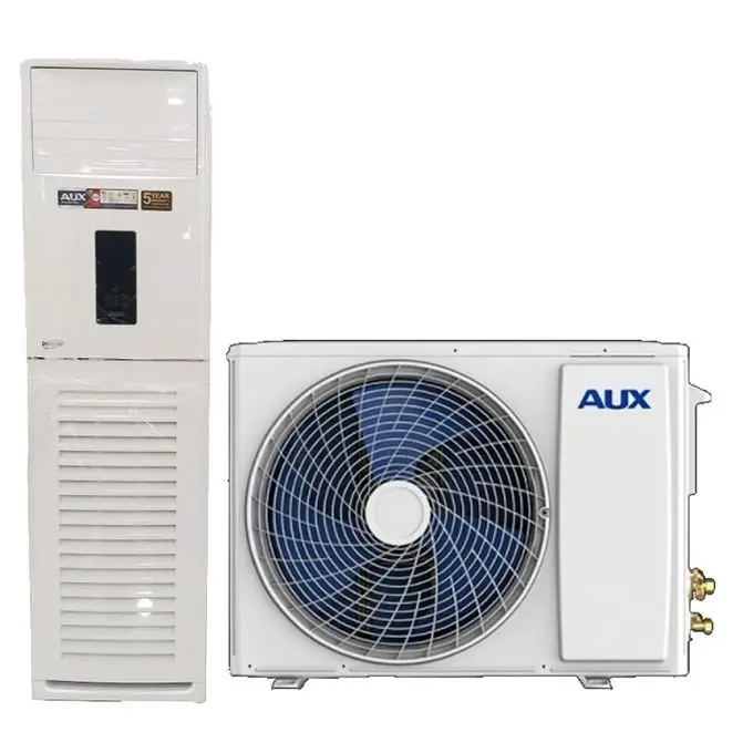20260310111294711jpg | Mitos Shoppers Split system air conditioner outdoor condenser unit left and indoor air handler right with fan grille and AUX branding