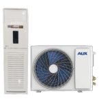 Split air conditioner system with an outdoor condenser unit and an indoor air handler white housing and blue fan visible on outdoor unit
