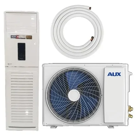 Split system air conditioner components outdoor condenser indoor air handler and a white refrigerant line set coilpipe kit
