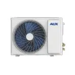 Outdoor air conditioning condenser unit with a large front fan and AUX branding on the right panel