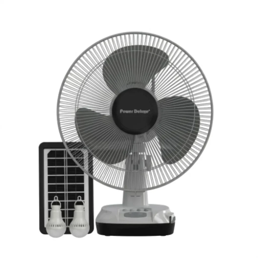Solar powered fan with a round blade fan connected to a small solar panel and two LED bulbs portable cooling with solar charging