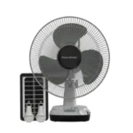 Solar powered fan with a round blade fan connected to a small solar panel and two LED bulbs portable cooling with solar charging