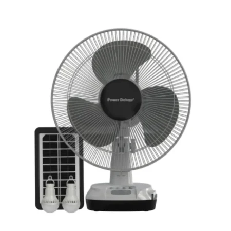 Solar powered fan with a round blade fan connected to a small solar panel and two LED bulbs portable cooling with solar charging