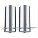 Pair of vertical stainless steel range hood vents with a glass shelf between them