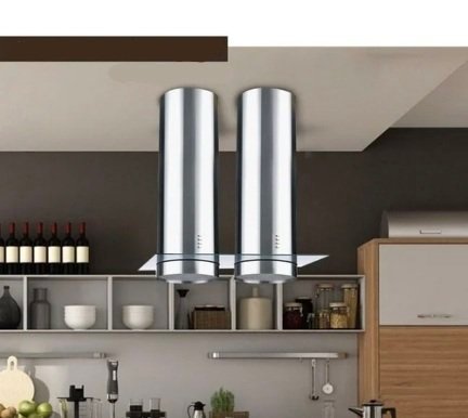 2026041009076550jpg | Mitos Shoppers Twin stainless steel chimney range hoods suspended over a modern kitchen stoveisland area