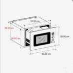 Isometric diagram of a microwave oven with door open showing overall dimensions width 60 cm height 39 cm depth 38 cm internal cavity visible