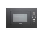 Black built in microwave oven with a right side control panel and a glass window door brand Silverline visible on the door