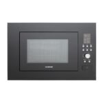 Black built in microwave oven with a right side control panel and a glass window door brand Silverline visible on the door