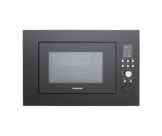 Black built-in microwave oven with a right-side control panel and a glass window door, brand Silverline visible on the door.