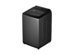 Top loading washing machine with a dark gray body and black control panel on top shown from a slightly angled view