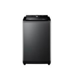 Front view of a dark gray top load washing machine with a black control panel and silver body on a white background