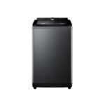 Front view of a dark gray top load washing machine with a black control panel and silver body on a white background