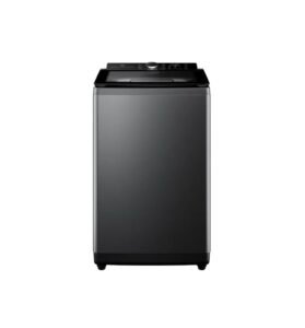 Front view of a dark gray top load washing machine with a black control panel and silver body on a white background
