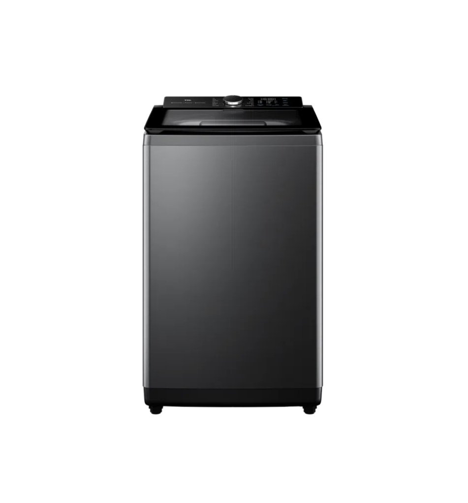 Front view of a dark gray top load washing machine with a black control panel and silver body on a white background